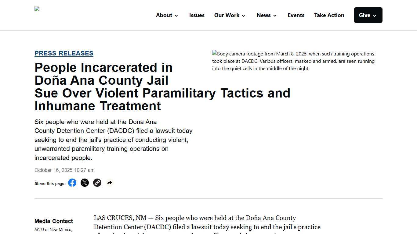 People Incarcerated in Doña Ana County Jail Sue Over Violent Paramilitary Tactics and Inhumane Treatment  - ACLU of New Mexico